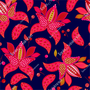 Bright dark blue and red pattern with decorative flowers