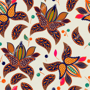 Orange, black and beige pattern with decorative flowers