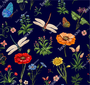 Dark summer pattern with wildflowers, poppies, butterflies and dragonflies