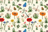 Light summer pattern with wildflowers, poppies, butterflies and dragonflies
