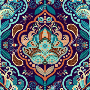 Turquoise, orange, dark blue seamless Paisley pattern