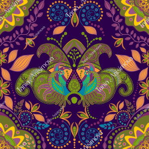 Purple and yellow symmetrical paisley ornament
