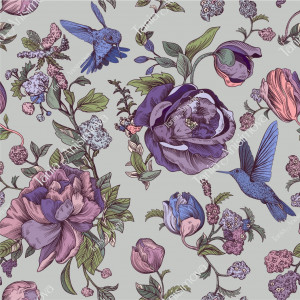 Vintage pattern with roses and peonies, grey background