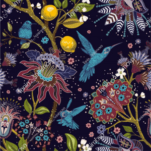 Dark blue jacobean pattern with decorative flowers and turquoise birds