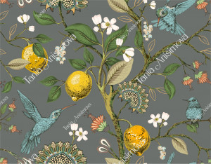 Pattern with lemons, flowers and hummingbirds, grey background