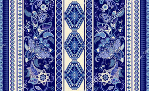 Blue and beige geometric, floral pattern
